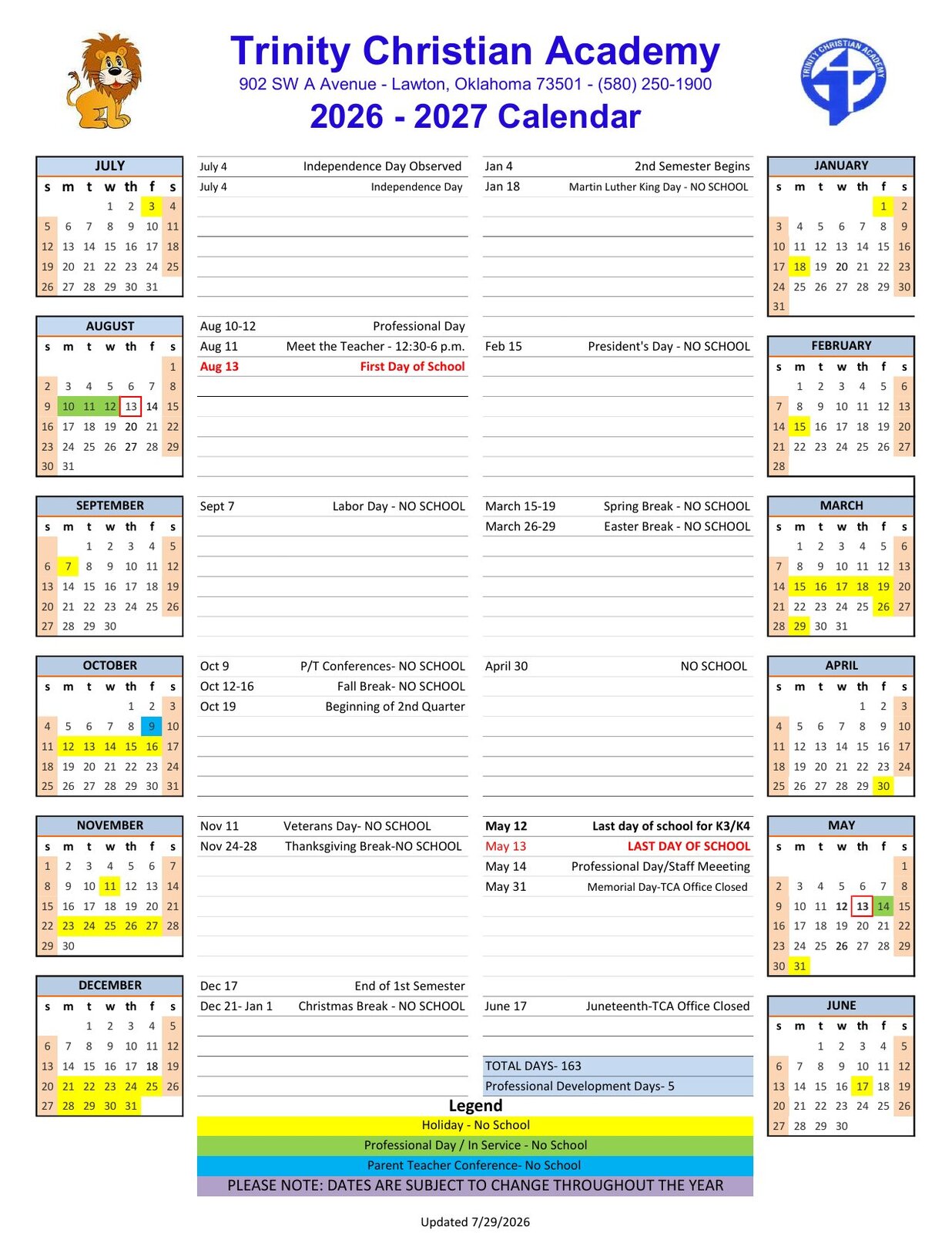 Trinity Christian Academy 2026–2027 annual calendar