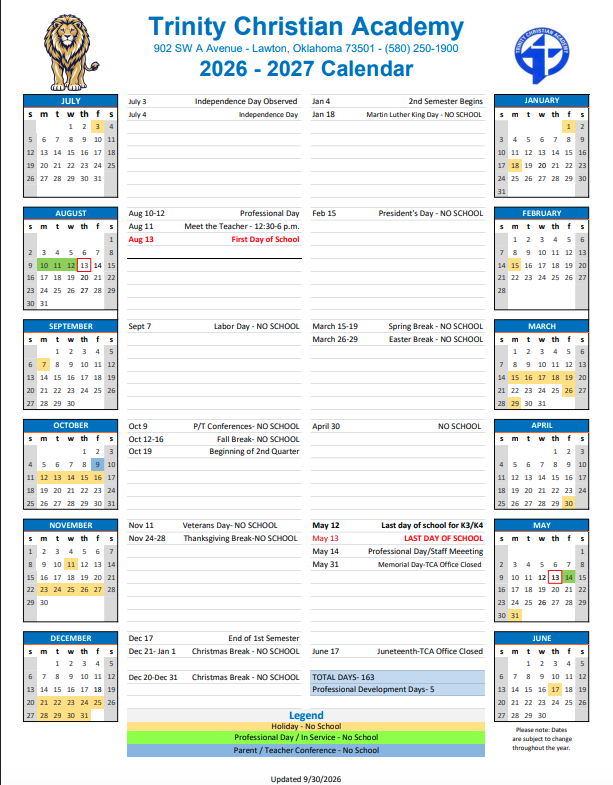 Trinity Christian Academy 2026–2027 annual calendar